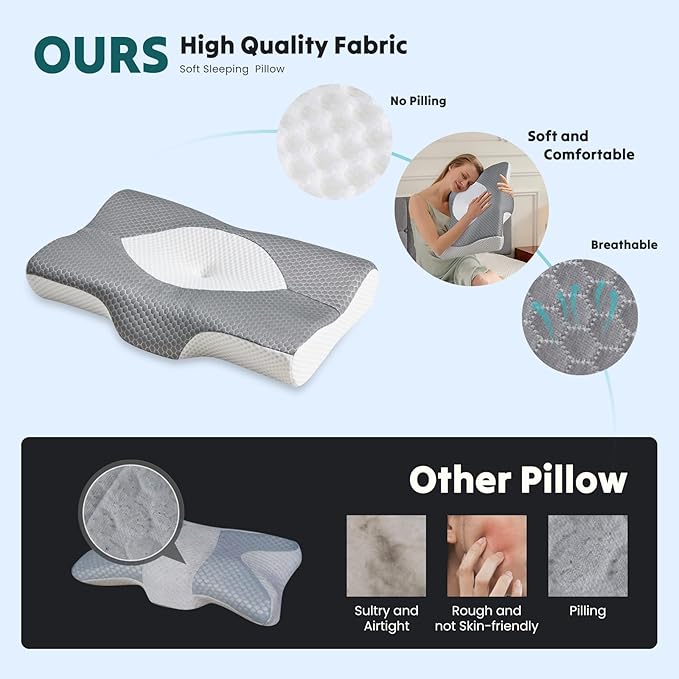 Sweetcrispy Cervical Pillow for Neck and Shoulder,Contour Memory Foam Pillow,Ergonomic Neck Support Pillow for Side Back Stomach Sleepers with Pillowcase, Grey