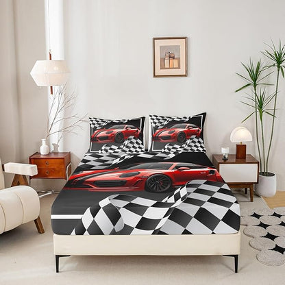 Manfei Red Race Car Sheet Set Twin Black and White Grid Bedding for Kids Teens Room Decor,Soft Breathable Extreme Sport Bed Sheet Set 3pcs with Deep Pocket Fitted Sheet + Flat Sheet + 1 Pillowcase