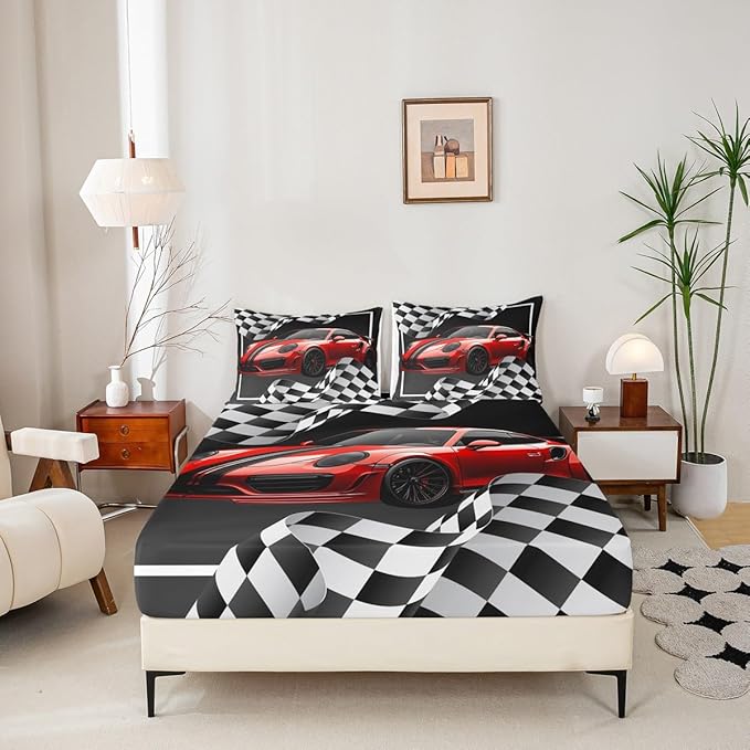 Manfei Red Race Car Sheet Set Queen Black and White Grid Bedding Set for Kids Teens Room Decor,Soft Extreme Sport Bed Sheet Set 4pcs with Deep Pocket Fitted Sheet + Flat Sheet + 2 Pillowcases