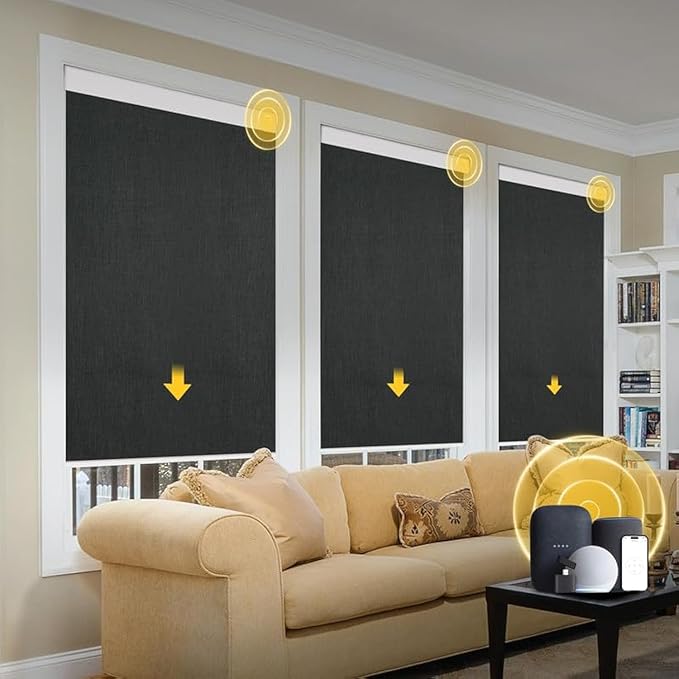 Motorized Smart Blinds With Remote, Grasscloth Fabric Roller Shades With Valance Cover, Cordless Automatic Blackout Electric Blinds for Windows, Black 34" W x 72" H