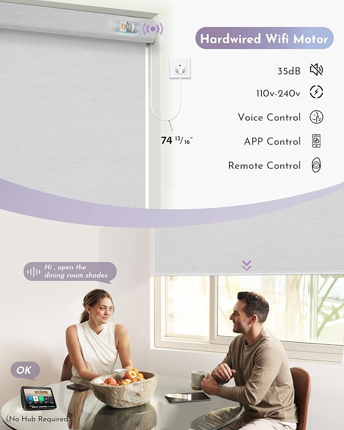 Graywind Motorized Shades 100% Blackout Compatible with Alexa Google WiFi Hardwired Smart Roller Shade Remote Control Automated Window Blinds with Valance, Customized Size (Pure White)