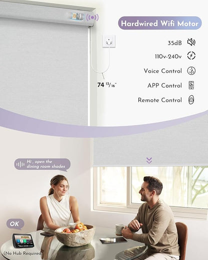 Graywind Motorized Shades 100% Blackout Compatible with Alexa Google WiFi Hardwired Smart Roller Shade Remote Control Automated Window Blinds with Valance, Customized Size (Pure White)