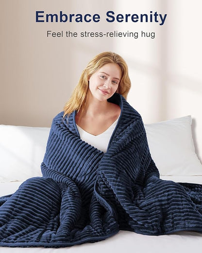 Sherpa Fleece Adult Weighted Blanket with Ribbed Stripes, 15 Pounds Dual Sided Soft Plush Blanket for Couch Bed Sofa, Heavy Thick Blankets with Ceramic Beads Great for Sleep, Navy Blue, 48" x 72"
