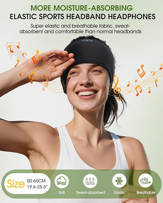 Bamboo Cotton Sleep Headphones,Ultra-Soft Wireless Headband Bluetooth for Side Sleepers, with 14H Playtime & Bluetooth 5.4, 4-in-1 Music Sleep Earphones for side sleeping(BLACK)