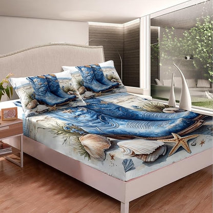 Western Boots Bed Sheet Set 3 Pieces,Tribal Cowboy Rustic Farmhouse Style Bedding Set(No Flat Sheet),Blue Ocean Beach Starfish Shell Conch Vintage Fitted Sheet,2 Pillow Cases,Full Size