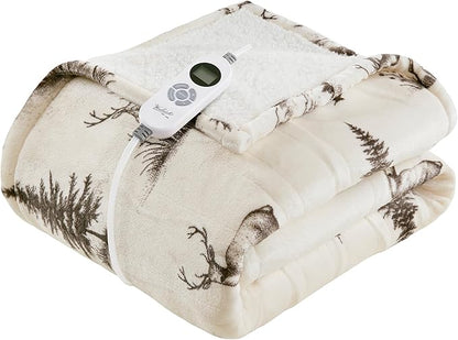 Woolrich Heated Throw Blanket with Ultra Soft Plush and Sherpa Reverse, 12 Heat Settings, Auto Shut-Off, Farmhouse & English Country Gift Throw – Deer Toile Pattern, 50"x60"