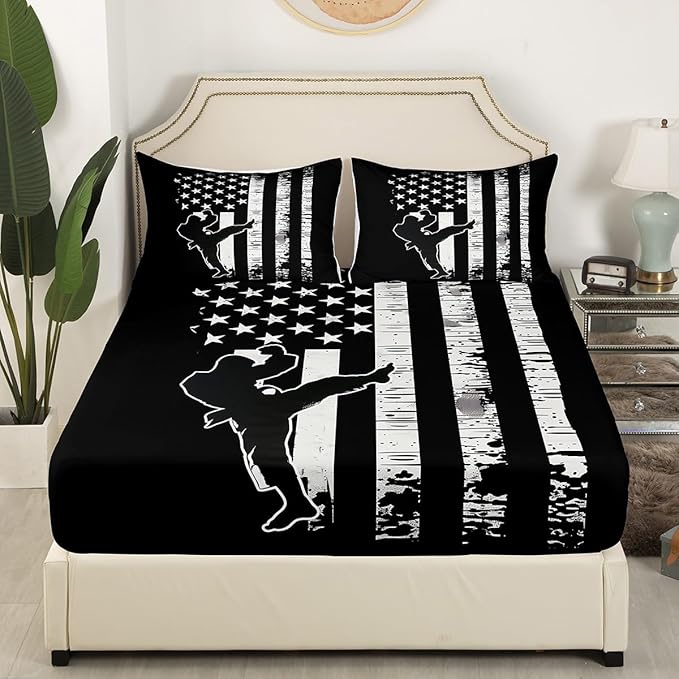 Manfei Taekwondo Fitted Sheet Full Size, Japanese Style Sports Theme Bedding Set 3pcs, American Flag Print Bed Cover with 2 Pillowcases, Kids Boys Teen Room Decor, Soft Bedding(No Top Sheet)