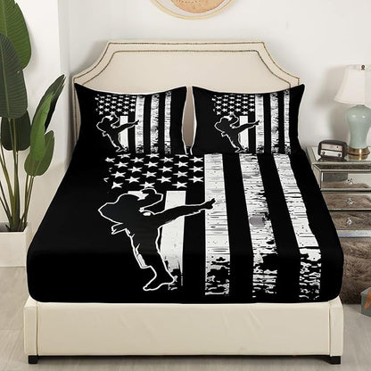 Manfei Taekwondo Fitted Sheet Full Size, Japanese Style Sports Theme Bedding Set 3pcs, American Flag Print Bed Cover with 2 Pillowcases, Kids Boys Teen Room Decor, Soft Bedding(No Top Sheet)