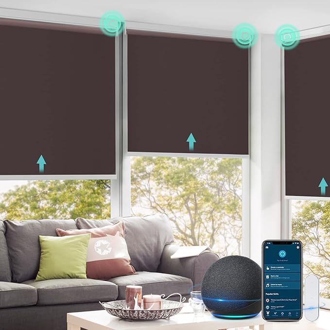 Allesin Motorized Roller Shade Blinds Work with Alexa for Window, 100% Blackout Smart Shades Cordless with Remote Control, Electric Automated Blinds for Window, Customized Size for Smart Home (Maroon)