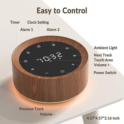 White Noise Machine with Alarm Clock & Night Light for Babies and Adults, 20 Soothing Sounds, Glare-Free Upward Display, Touch Control, Memory Function, 5 Sleep Timers, Wood Grain