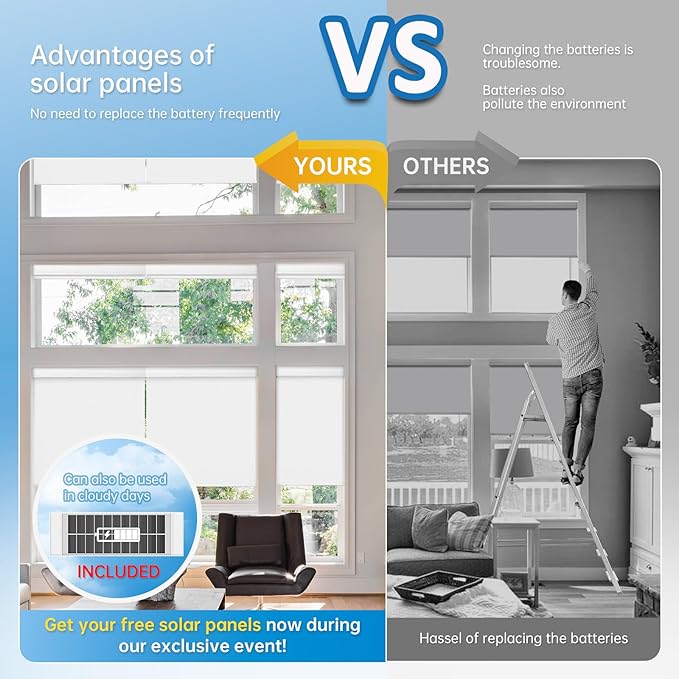 DENFOON Motorized Blinds with Remote,Thermal Electric Blinds【Solar Panel】,Customizable Automatic Roller Shades, Blackout Remote Control Blinds for Windows Upgrade to Smart Blinds, White,33" W x 73" H