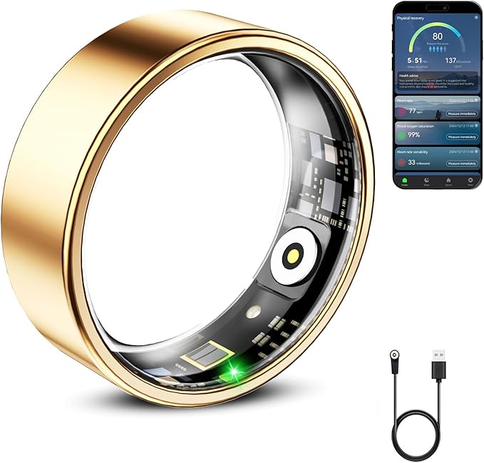 Mirlray Smart Ring for Women & Men, Smart Ring Health Tracker, Blood Oxygen & Heart Rate Monitor, Long Lasting Battery Sleep Ring, Waterproof Fitness Ring (Gold, 11)