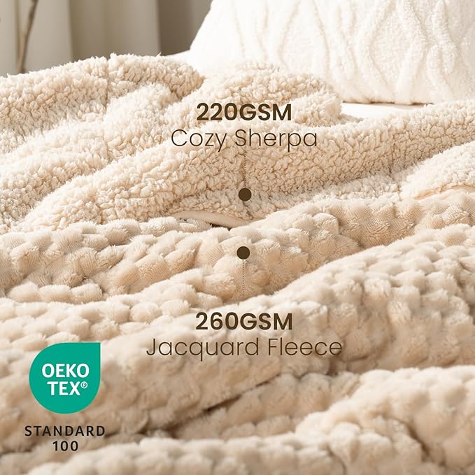 Drewin Weighted Blanket Twin Size, Adult Weighted Blankets 12lbs with Double-Sided Shaggy Sherpa, Ultra-Cozy Warm Jacquard Bed Blanket for Sleeping and Relaxing, Ceramic Beads, Beige, 48 x 72 inches