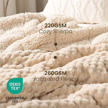 Drewin 20lbs Weighted Blanket Queen Size, Double-Sided Cozy Fluffy Jacquard Sherpa Weighted Blanket, Soft Adult Weighted Blankets for Couch Bed, Ceramic Beads, 60 x 80 inches, Beige