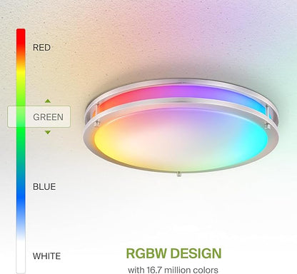 ASD LED 18" Round Flush Mount Lighting, Close to Ceiling Light Fixture | Smart, Multicolor, Dimmable, ETL Listed | 28W 1844LM RGB-2700-6500K 120V | Low Profile Double Ring Lamp | Nickel, 2 Pack