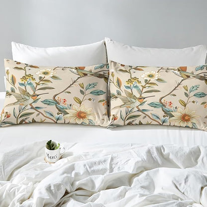 Blue Hummingbird Sheet Queen,Love Heart Shaped Flower Bed Sheet Set 4pcs with Deep Pocket Fitted Sheet + Flat Sheet + 2 Pillowcases Floral Animals Theme Soft Bedding Set for Kids Teenss Room Decor