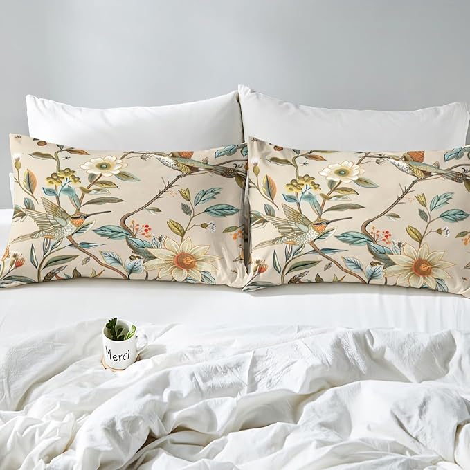 Blue Hummingbird Sheet Set Twin,Love Heart Shaped Flower Bed Sheet Set 3pcs with Deep Pocket Fitted Sheet + Flat Sheet + 1 Pillowcase Floral Animals Theme Soft Bedding Set for Kids Teenss Room Decor
