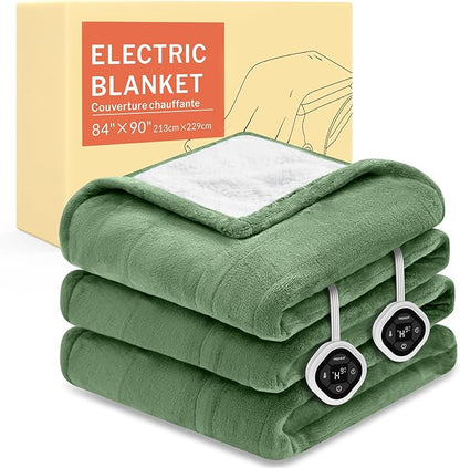 HOMLYNS LuxeHeat Heated Blanket Electric Blanket Queen Size, Soft Flannel Sherpa Heating Blanket with 10 Heat Settings, 1-10 hrs Timer Auto Shut Off (84x90 inches, Green)