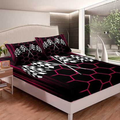 Extreme Sports Theme Bed Cover(1 Fitted Sheet+1 Pillow Case),Honeycomb Geometric Bedding Set for Kids Teens Room Decor,Black White Checkered Flag Bed Sheet Set Ultra Soft,3Pcs Full Size