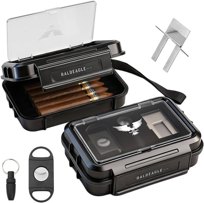 Bald Eagle Travel Cigar Humidor, Cigar Case with Humidifier Hygrometer Holder, Portable Acrylic Top Cigar Box Accessories Kit with Cutter, Punch, 5-8 Cigars
