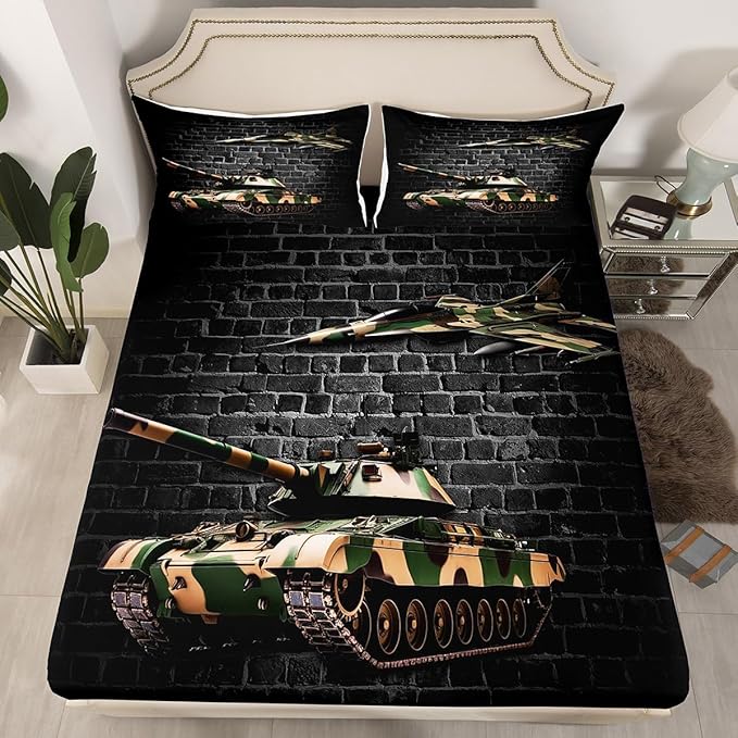 Manfei Tank Sheet Set King Size, Army Camo Tank Aircraft Bedding Set for Kids Boys Teen Room Decor, Grey Brick Wall Print Bed Sheet Set 4pcs with Deep Pocket Fitted Sheet + Flat Sheet + 2 Pillowcases