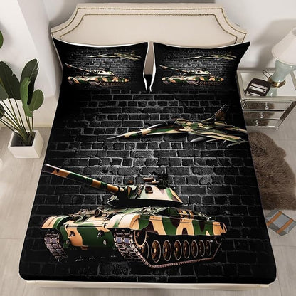 Manfei Tank Sheet Set King Size, Army Camo Tank Aircraft Bedding Set for Kids Boys Teen Room Decor, Grey Brick Wall Print Bed Sheet Set 4pcs with Deep Pocket Fitted Sheet + Flat Sheet + 2 Pillowcases