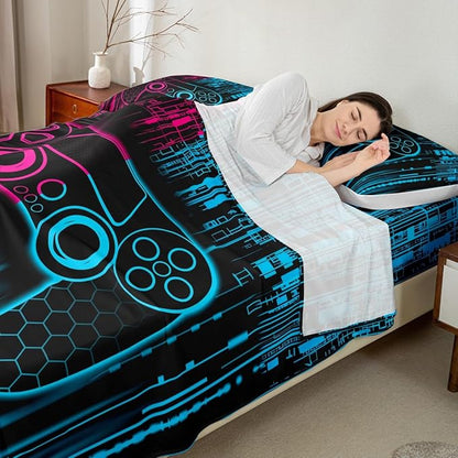 Videogames Gamepad Kids Sheet King Size,3D Modern Gaming Controller Bedding Set,Boys Girls Room Decor,Neon Honeycomb Hexagon Geometric Pink Blue Bed Sheet Set 4pcs(Fitted + Flat + 2 Pillowcases)