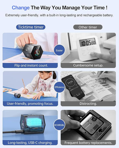 Pomodoro Timer Cube, Hexagon Productivity Timer, Pause & Resume, Silent, Vibrate & Adjustable Sound Alert, for ADHD, Task, Work, Study, 5/15/25/30/45/60min & Custom Countdown,Gray