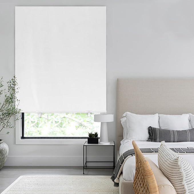 LazBlinds 100% Blackout Roller Shades, No Tools No Drill Cordless Blinds for Windows, Thermal Insulated UV Protection Privacy Window Shades for Bedroom (36''W x 72''H, White Silver)