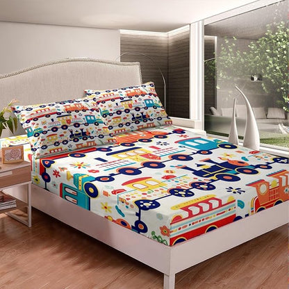 Cartoon Trains Kids Fitted Sheet Twin Size,Choochoo Retro Steam Locomotive Train Bedding Set,Boys Girls Room Decor,Daisy Flowers Leaf Dots Bed Cover,Colorful Cute Bed Sheet,1 Pillowcase