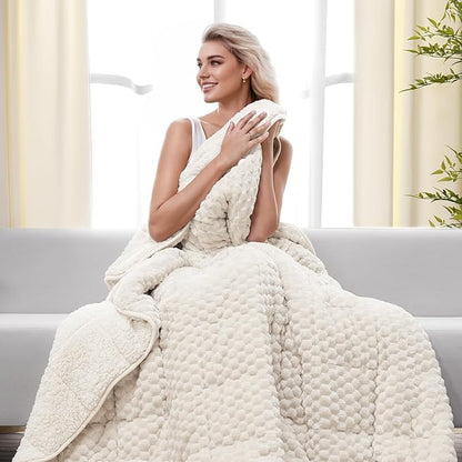Drewin Weighted Blanket 15lbs, Adult Weighted Blankets with Double-Sided Shaggy Sherpa, Soft Plush Jacquard Bed Blanket for Sleeping and Calming, Ceramic Beads, Cream White, 48 x 72 inches