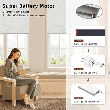 Motorized Blinds Roller Shade with Remote: Canisteo Automatic Smart Blind for Windows 100% Blackout, Electric Blinds Compatible with Alexa/Google Home/Apple Homekit, Customized Size, Linen White