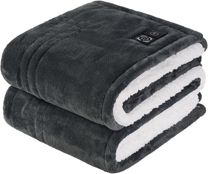 Sealy Heated Blanket Throw with Built-in Button Controller, Reversible Flannel to Sherpa Electric Blanket with 2-10 Hours Auto-Off & 4 Heating Levels, Over-Heat Protection, 50x60 inch, Charcoal