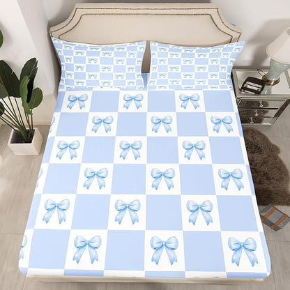 Princess Bowknot Fitted Sheet Set with 2 Pillowcase,Dreamy Blue Bow-tie Girly Bow Microfiber Mattress Cover,Geometric Grids Plaids Patchwork Blue White Bed Cover Queen Size