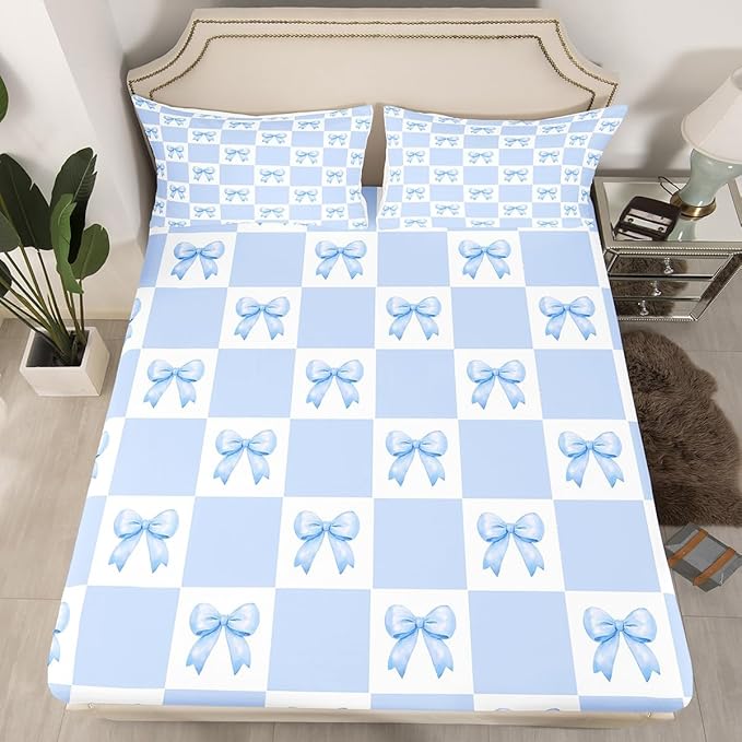 Manfei Princess Bowknot Bed Sheet Set 3 Pieces,Dreamy Blue Bow-tie Girly Bow Microfiber Bedding Set Without Flat,Geometric Grids Plaids Patchwork Blue White Fitted Sheet,2 Pillow Cases,Full Size