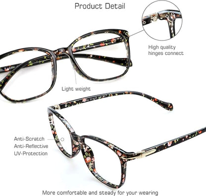 VisionGlobal Blue Light Blocking Glasses for Women, Anti Eyestrain, Computer Reading, TV Glasses, Stylish Square Frame, Anti Glare(Floral,+4.00 Magnification)