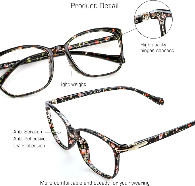 VisionGlobal Blue Light Blocking Glasses for Women, Anti Eyestrain, Computer Reading, TV Glasses, Stylish Square Frame, Anti Glare(Floral,+2.75 Magnification)