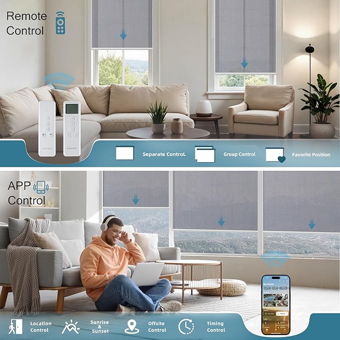 Motorized Light Filtering Roll Shade Work with HomeKit, 60% Blackout Smart Blinds for Windows, Electric Blinds with Remote, APP/Voice Control, Automatic Solar Shades,Dark Veil