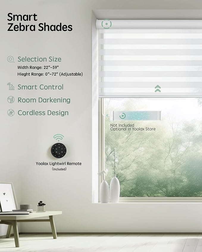 Yoolax Motorized Blinds with Remote, Electric Zebra Blinds for Indoor Windows, Room Darkening Smart Shades with Voice Control, Compatible with Alexa Google Home, APP Control, 52" W x 72" H, White