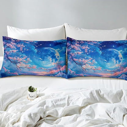 Cherry Blossoms Fitted Sheet Queen Size,Moonnight Cloud Starry Sky Bedding Set,Girls Women Room Decor,Sakura Flowers Chinese Style Bed Cover,Pink Blue Romantic Bed Sheet,2 Pillowcases(No Top Sheet)