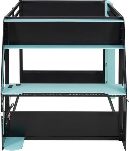 Full Size Gaming Loft Bed with Desk & Charging Ports & RGB Light Strip,Heavy-Duty Wood Bunk Bed Frame with Storage Shelves,Safety Guardrails & Ladder for PC & Console Gamers,Under-Bed Space,Cloud Blue