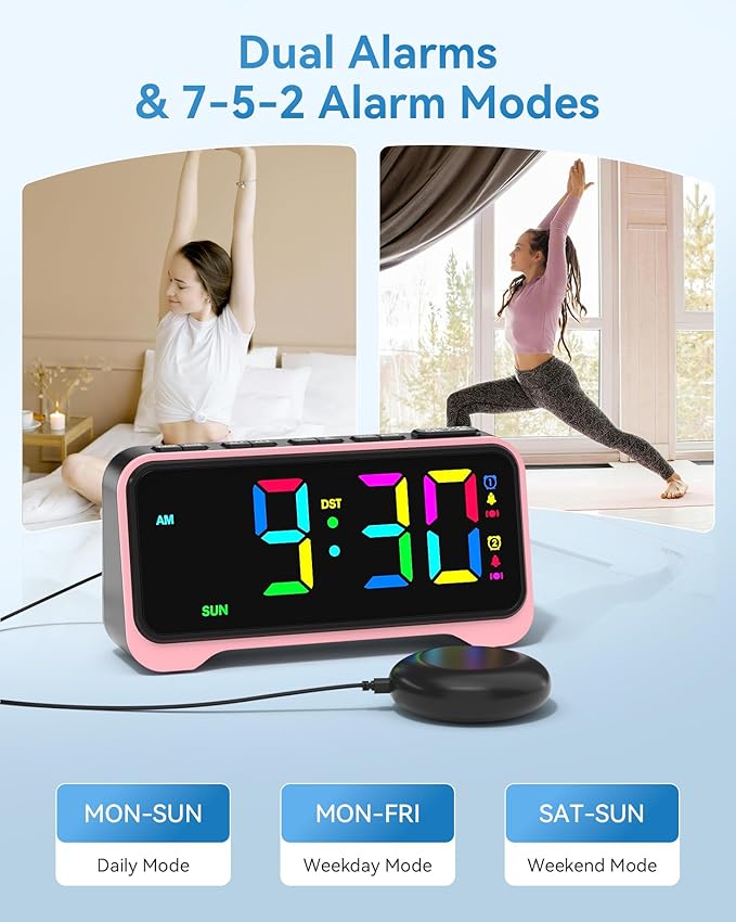 Loud Alarm Clock for Heavy Sleepers Adults, Bed Shaker Alarm Clock with 10-Color Modes/Night Light/USB Charger/7 Dimmer/Battery Backup, Vibrating Alarm Clocks for Hearing Impaired Deaf, Kids, Teens