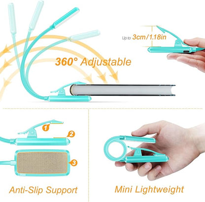 Gritin 9 LED Rechargeable Book Light for Reading in Bed - Eye Caring 3 Color Temperatures,Stepless Dimming Brightness,80 Hrs Runtime Small Lightweight Clip On Book Reading Light for Studying -Blue
