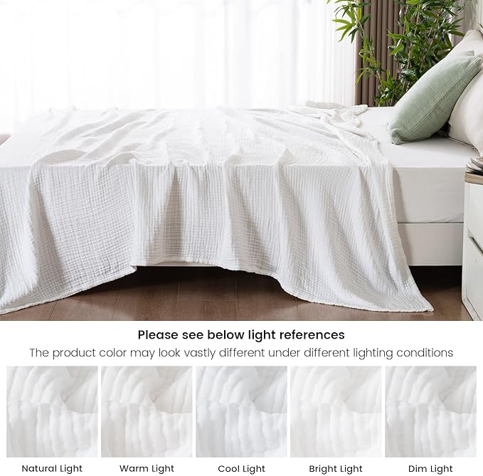 PHF Cooling Muslin Queen Blanket for Hot Sleepers, 60% Rayon Derived from Bamboo, 40% Cotton for Summer, 4-Layer Breathable Gauze Blanket for Bed Couch, 90"x90", White