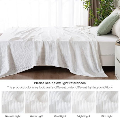 PHF Cooling Muslin Queen Blanket for Hot Sleepers, 60% Rayon Derived from Bamboo, 40% Cotton for Summer, 4-Layer Breathable Gauze Blanket for Bed Couch, 90"x90", White