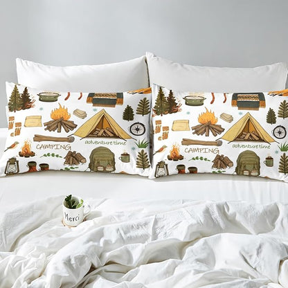 Happy Camping Kids Fitted Sheet Full Size,Camper Equipment Tent Campfire Boots Bedding Set,Boys Girls Room Decor,Outdoor Adventure Time Bed Cover,Brown White Bed Sheet,2 Pillowcases(No Top Sheet)