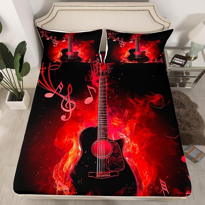 Electric Guitar Bed Sheet Queen Size,Rock Music Theme Guitar Musical Notes Sheets,Neon Red Glowing Modern Artistic Bedding Sets (1 Fitted,1 Flat,2 Pillowcases) Deep Pocket Bed Sheets