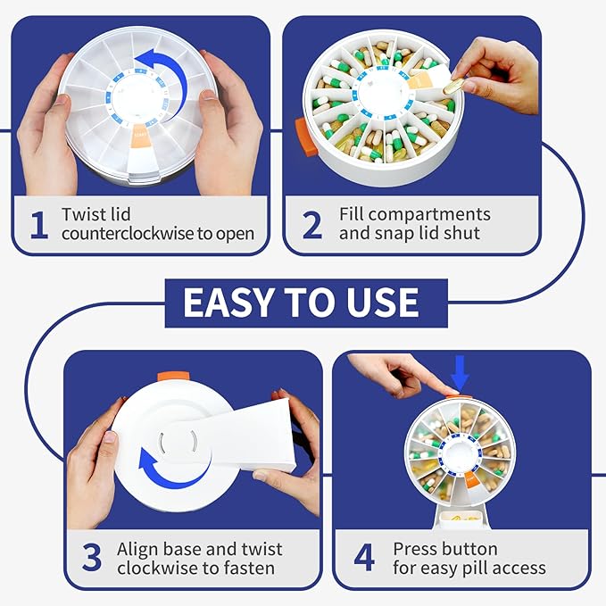 Cruxer Large Pill Organizer 7 Day 2 Times a Day & 14 Day Pill Dispenser, Arthritis Friendly Push-Button Design with Labels, Wall-Mounted & Standing Use, Weekly Pill Box for Vitamins & Medications