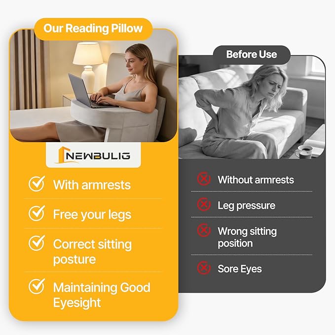 Sweetcrispy Reading Pillow for Gaming, Extra Large Laptop Pillow for Adult, Memory Foam Lap Desk Gaming Pillow for Reading, Working, Playing Games Grey