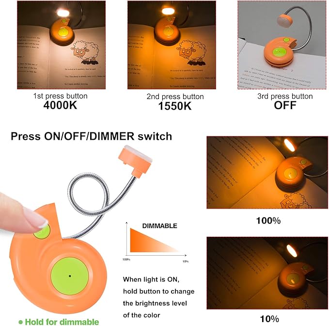 Kids Rechargeable Book Light, Clip on Reading Light for Kid, Amber Book Light for Reading in Bed, 2 Lighting Modes, Blue Light Blocking, Bookmark Light for Bookworms-Orange